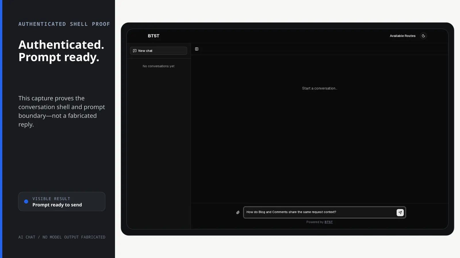 Real authenticated BTST AI Chat shell with an empty conversation-history sidebar, attachment control, and a product-context prompt ready to send.