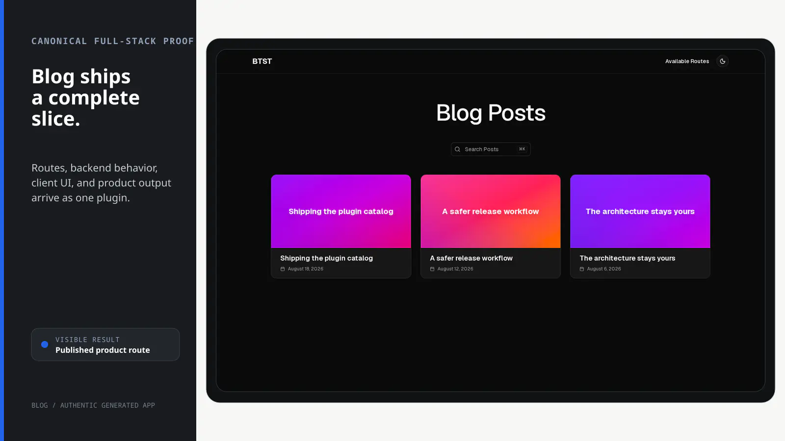 Real BTST Blog page with three published product-update posts in the generated Next.js application.