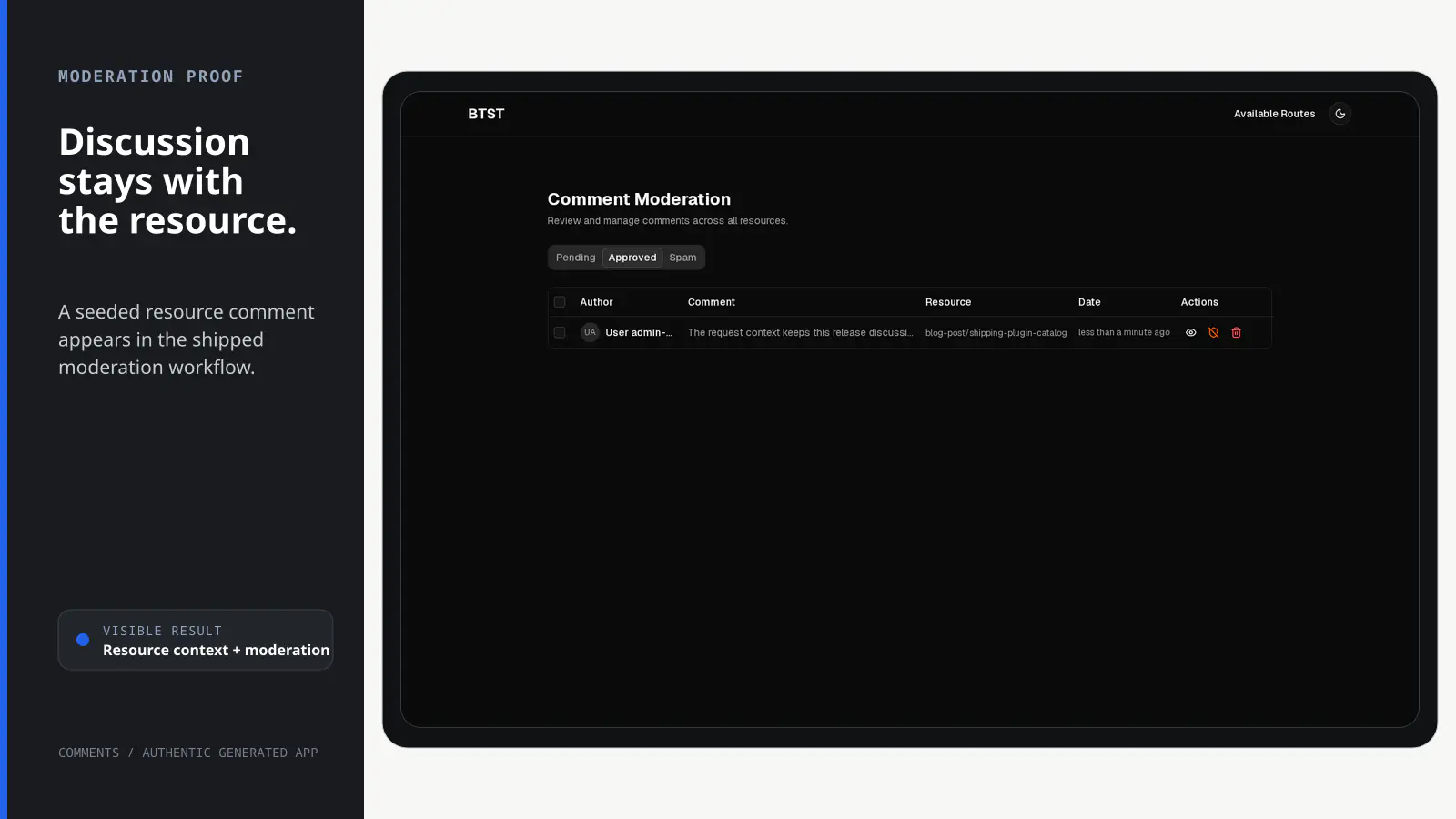 Real BTST Comments moderation page showing an approved discussion attached to the shipping-plugin-catalog Blog resource.