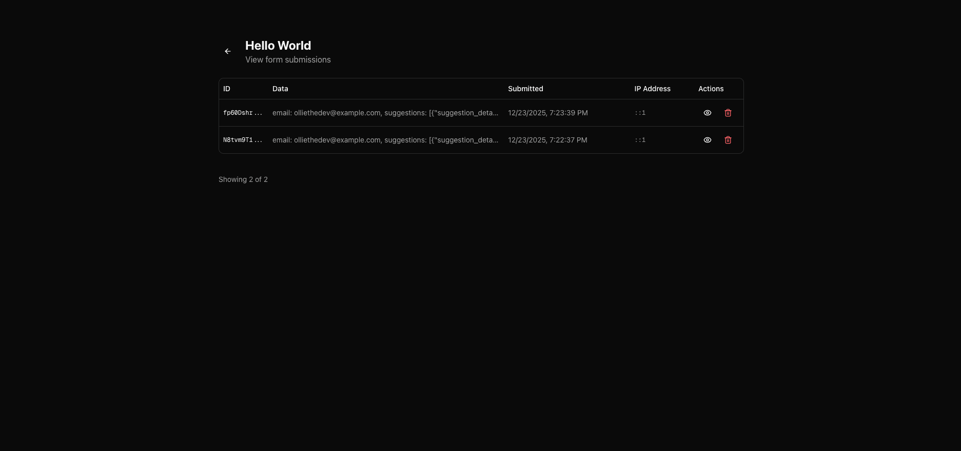 Form Builder Plugin Demo - Submissions