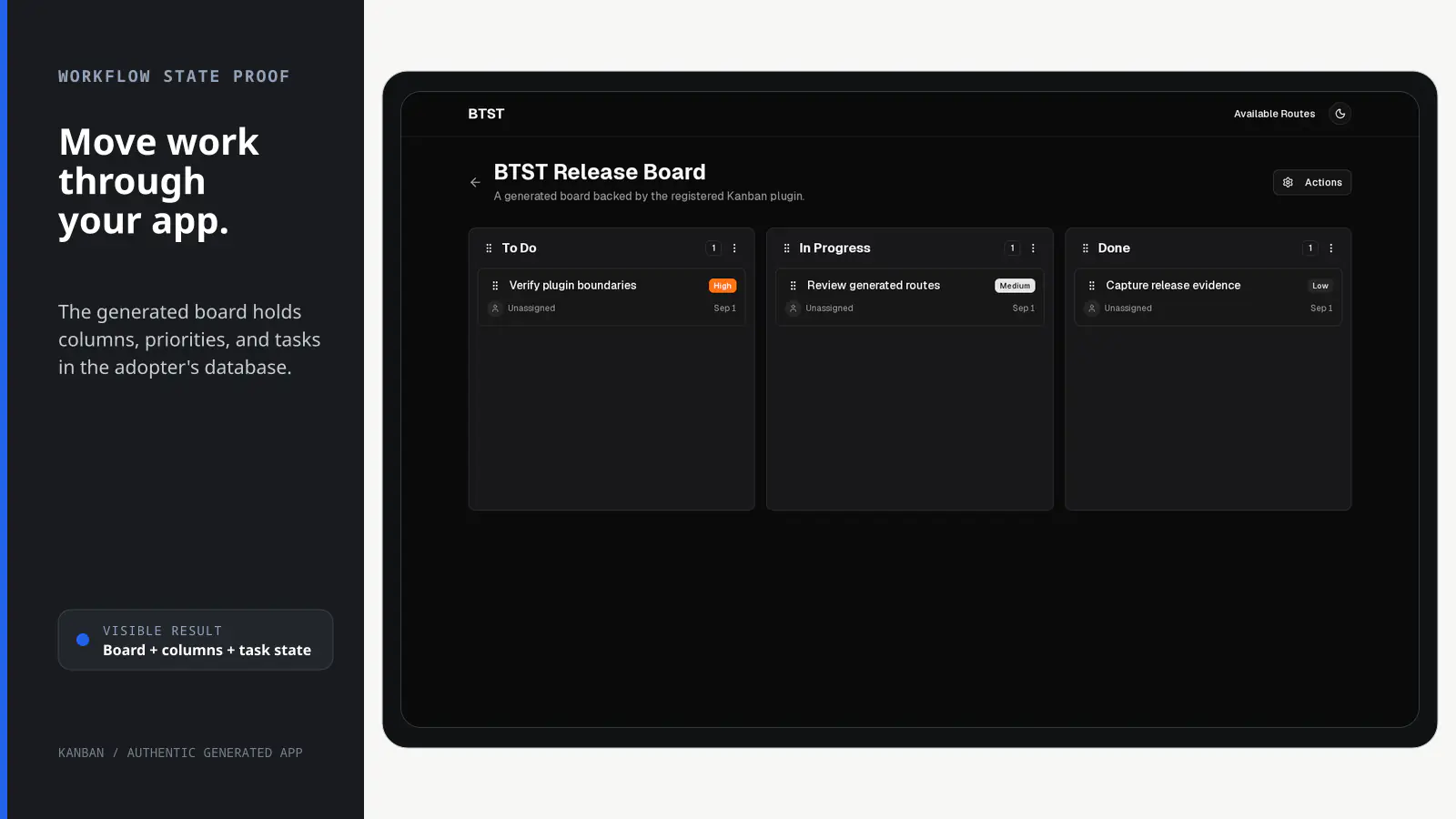 Real BTST Kanban board with To Do, In Progress, and Done columns containing prioritized tasks.