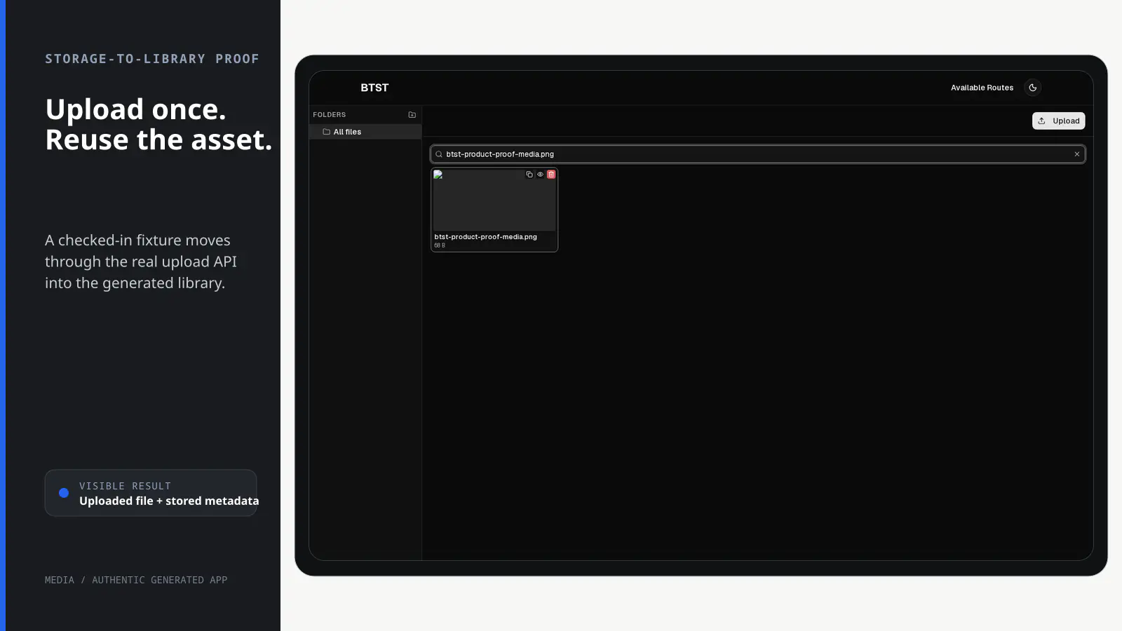 Real BTST Media library showing the checked-in product-proof image after upload, metadata registration, and search.