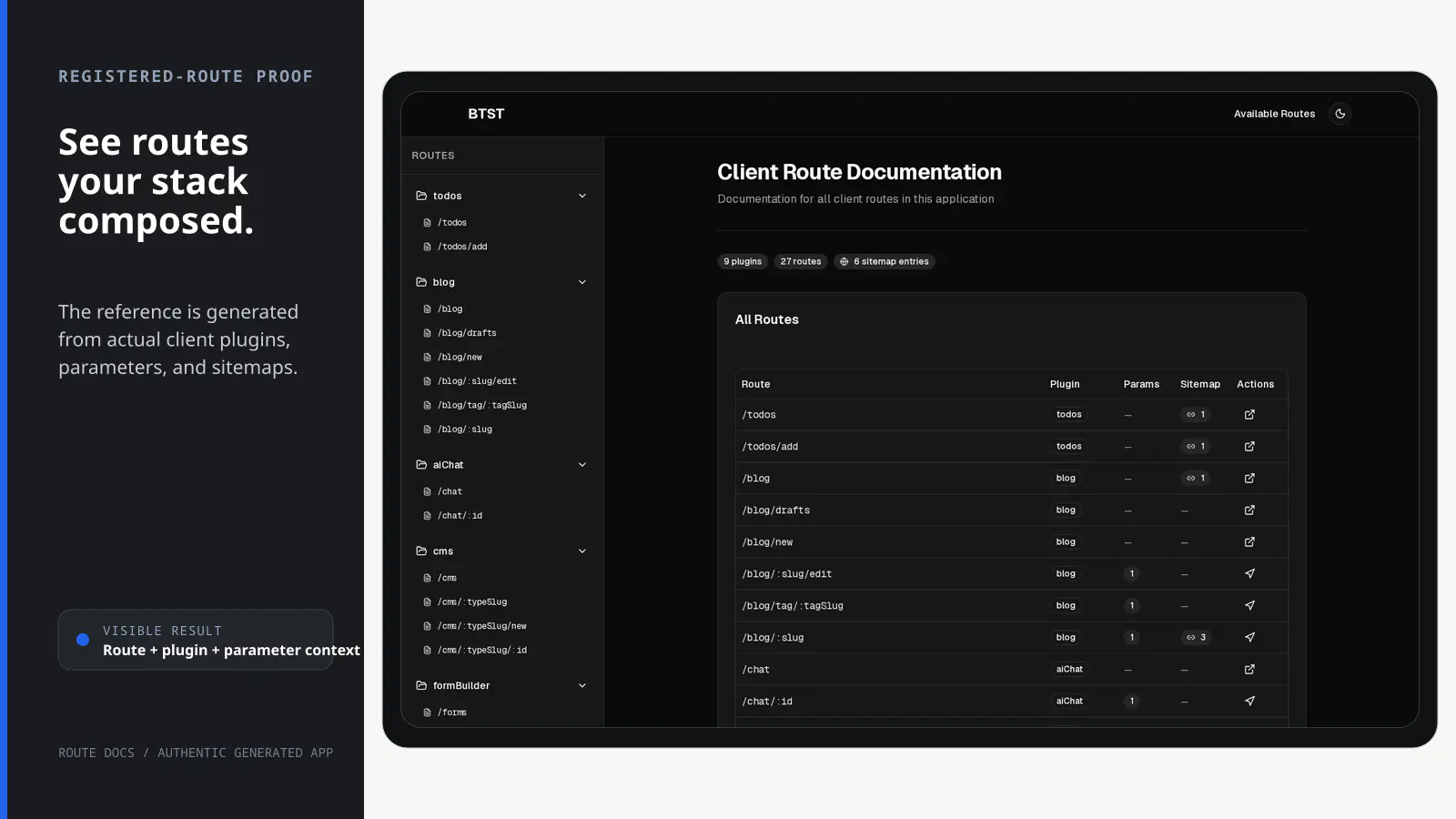 Real BTST Route Docs page generated from the client stack, with registered plugin routes, paths, and parameter context.