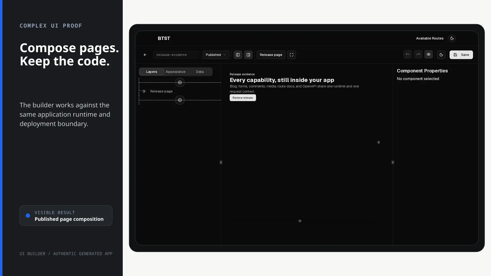 Real BTST UI Builder editing a release-evidence page with layers, canvas, status, and component properties.